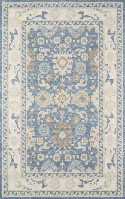 Rectangular blue and ivory Anatolian-inspired rug with floral medallion, traditional design, ideal for living room decor.