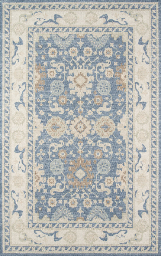 Blue and ivory oriental rug with central floral medallion, intricate arabesque motifs, and beige border for decor