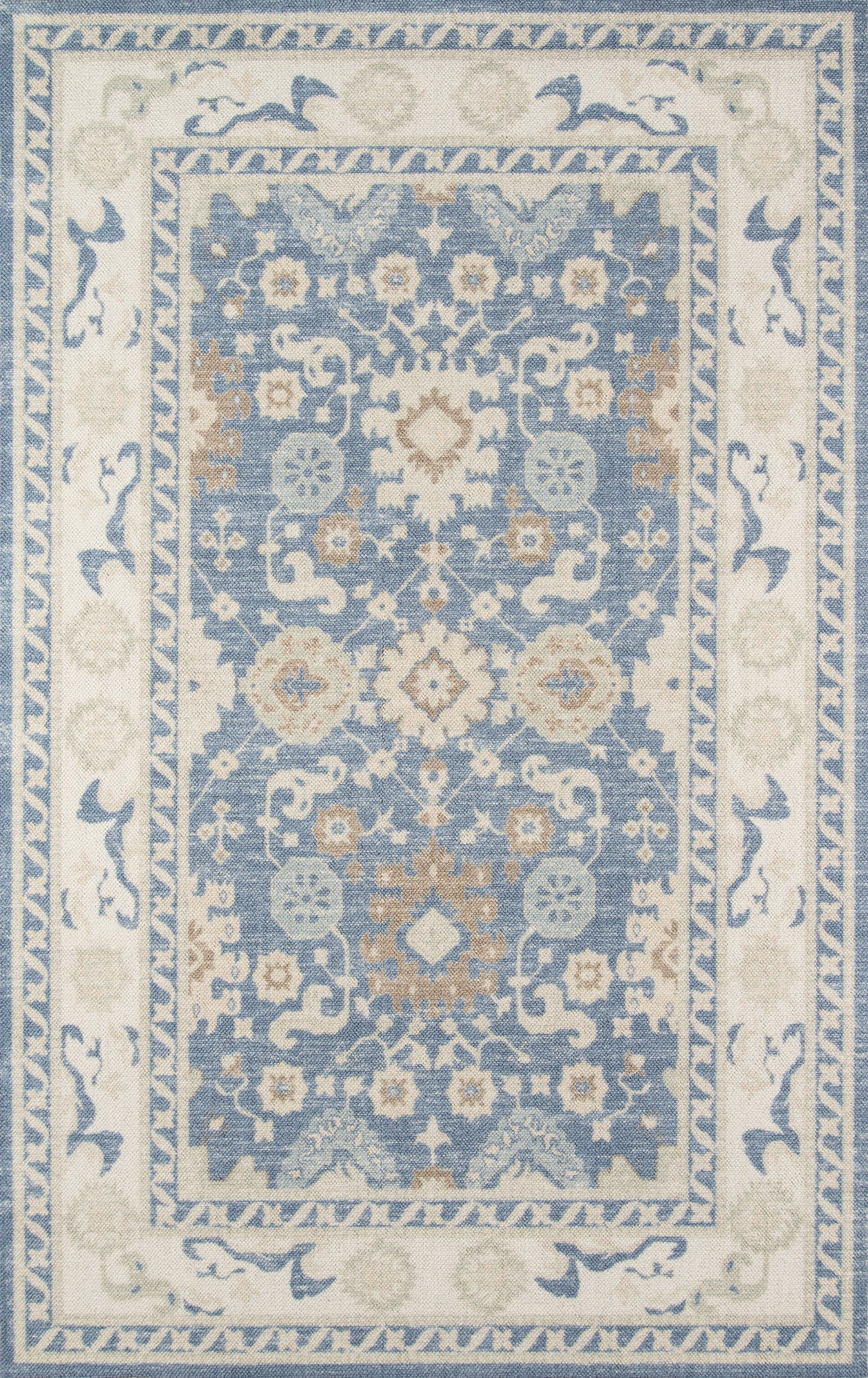 Anatolia-style blue and ivory area rug with ornate floral medallions and scrolling border.