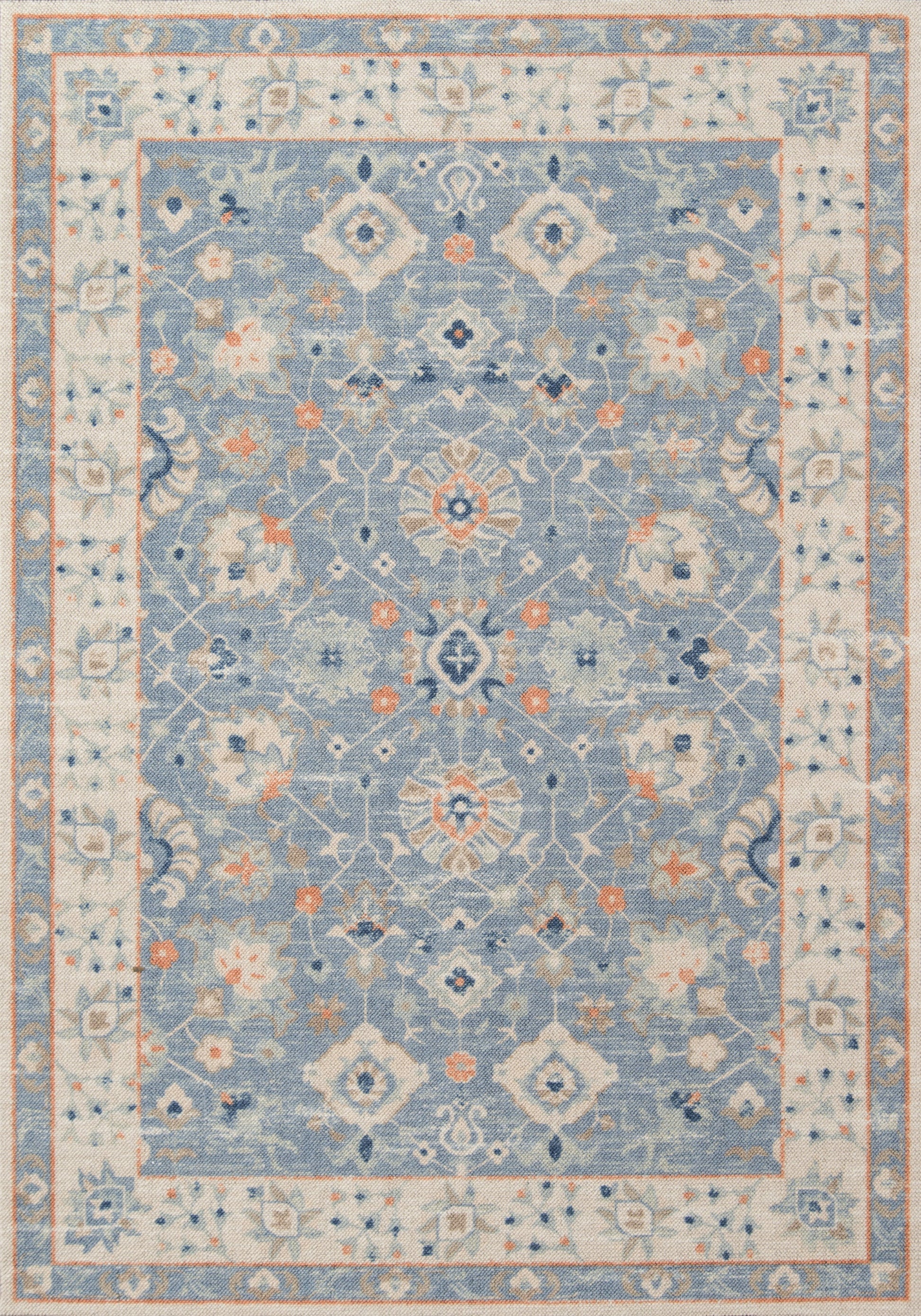 Blue oriental rug with ivory border, floral lattice pattern and orange accents; rectangular decorative rug.