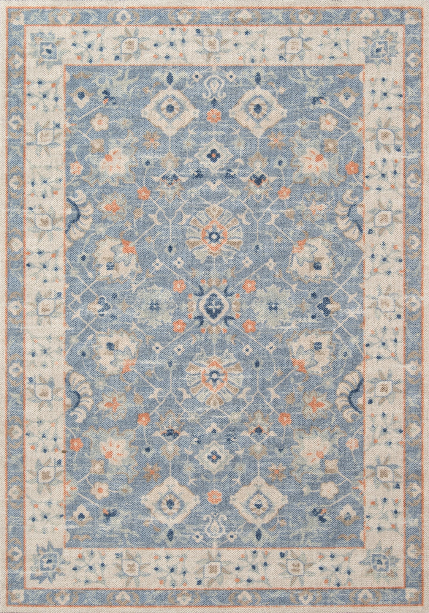 Rectangular oriental-style area rug in blue and ivory with floral medallion motif and decorative border, orange accents.