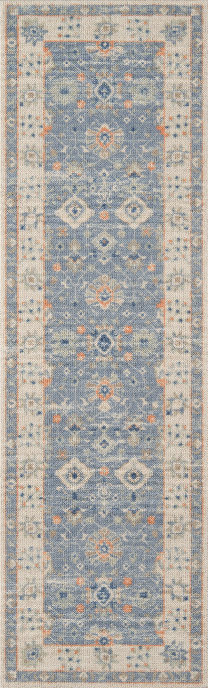Blue Anatolian-style runner rug with cream borders and geometric diamond motifs; long rectangular hallway decor.