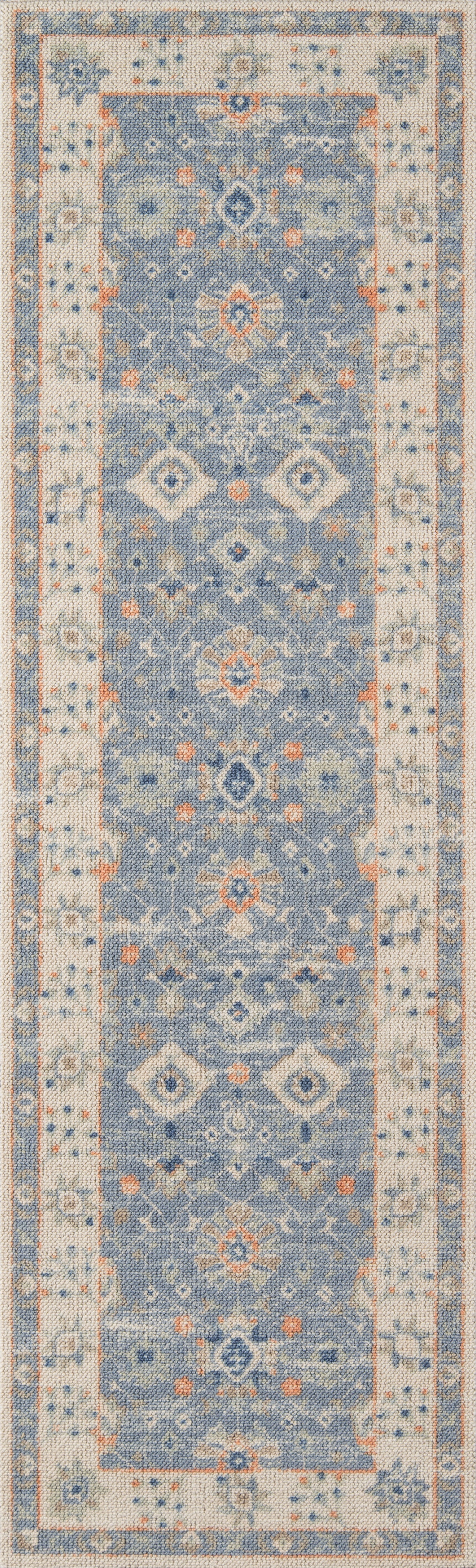 ANATOANA blue runner rug with cream geometric motifs and beige border; woven hallway decor.