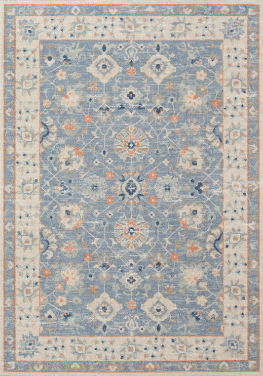 Rectangular blue oriental-style rug with ivory border and orange accents, featuring an intricate floral medallion pattern.