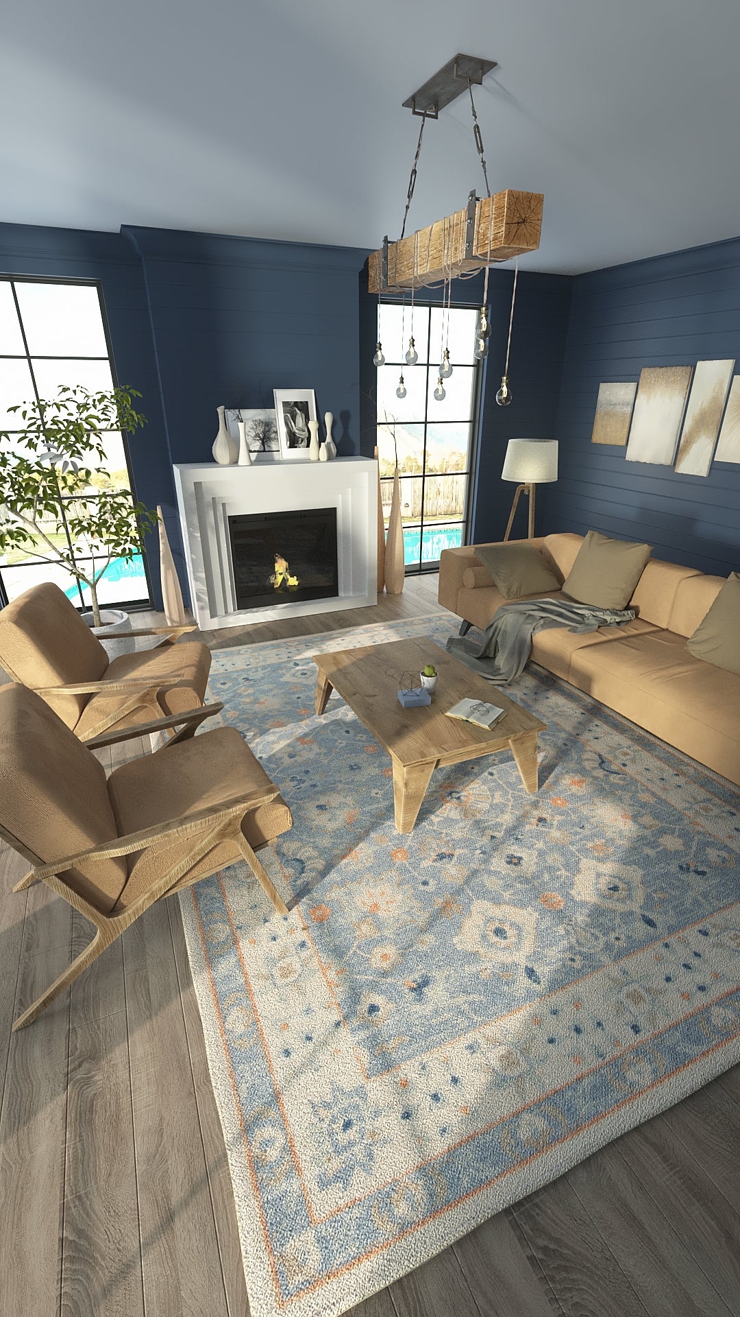Cozy mid-century living room with deep blue walls, beige cushioned wooden seating, light wood coffee table, patterned blue rug, fireplace.