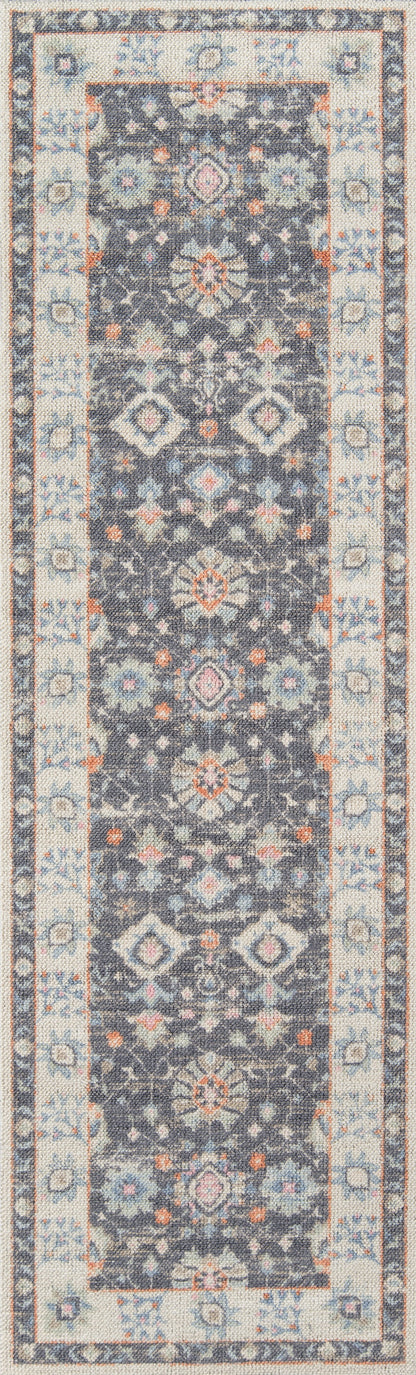 Anatolian runner rug with dark navy central field, ivory and peach florals, pale border with blue accents.
