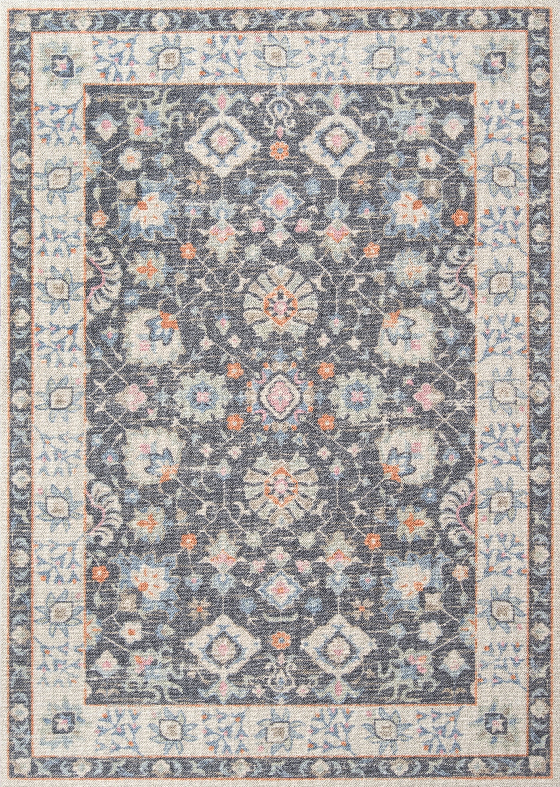 Rectangular oriental rug with navy field, ivory border, blue and pink floral motifs; traditional Persian-inspired design.