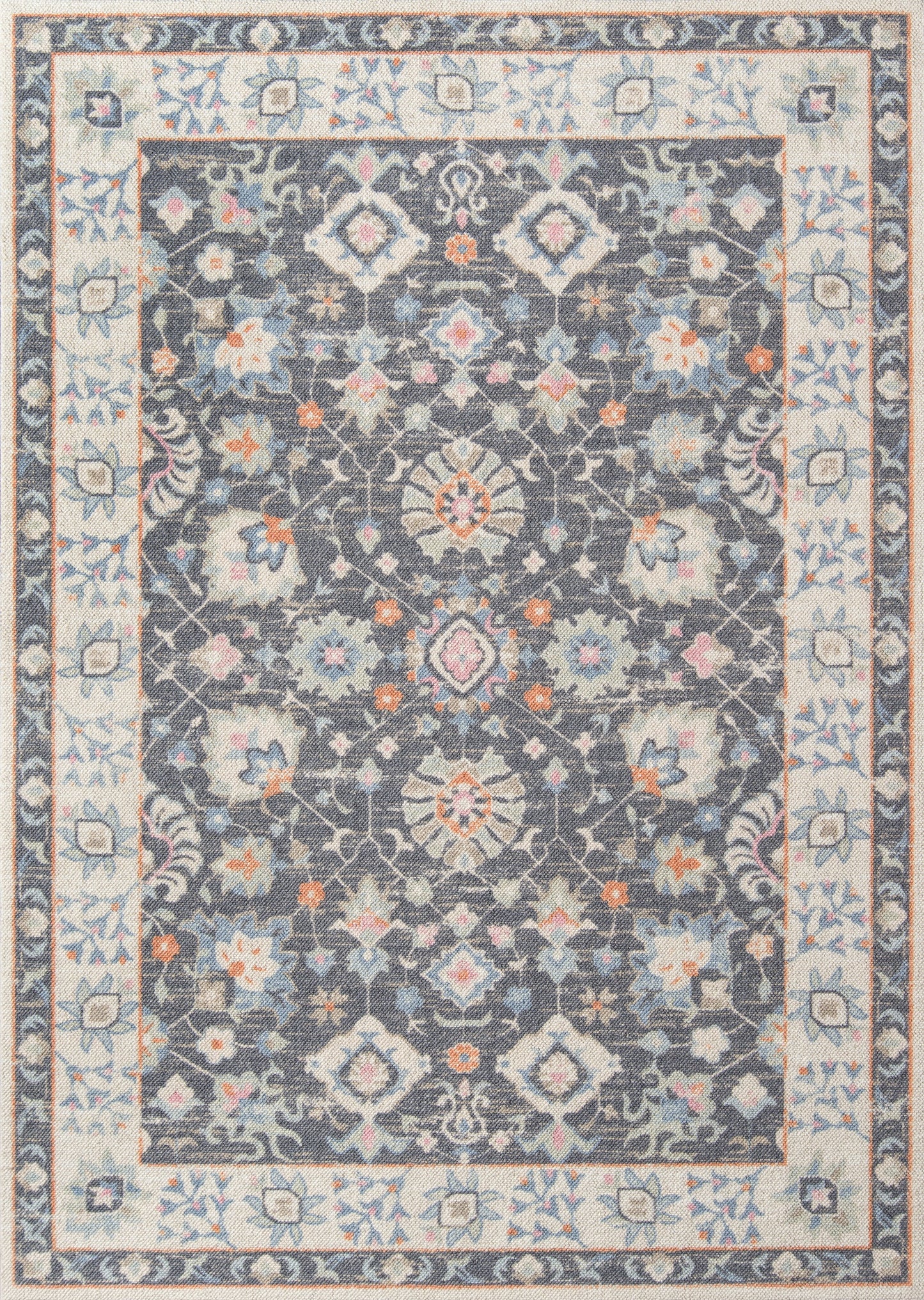 Anatolian-style rug with a dark navy field, intricate floral motifs and ivory-blue border.