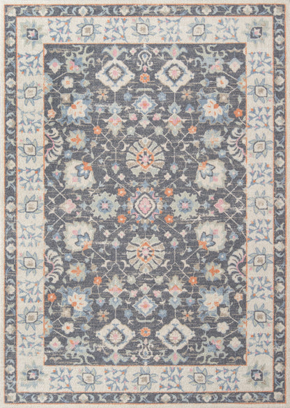 Anatolian-style rug with a dark navy field, intricate floral motifs and ivory-blue border.