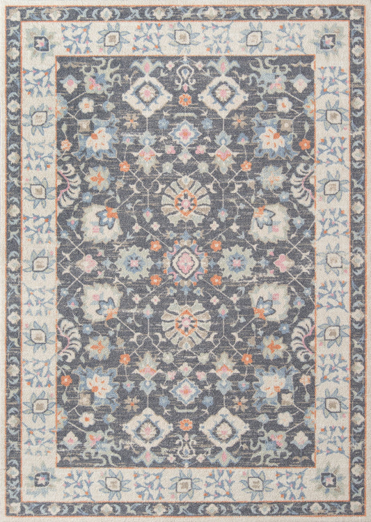 Anatolian-style rug with a dark navy field, intricate floral motifs and ivory-blue border.