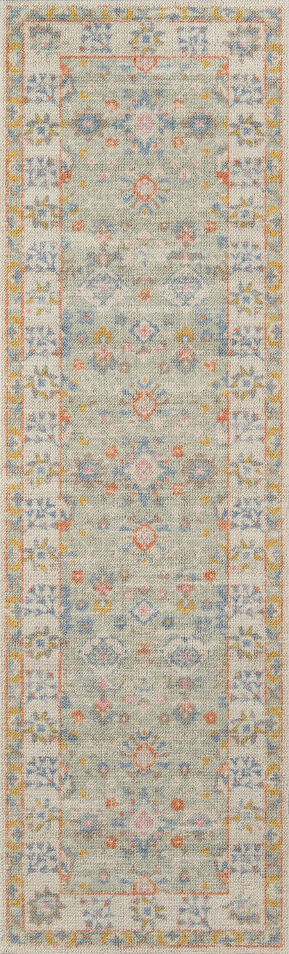 Anatolian-style long runner rug with a distressed light gray field, pastel floral motifs, and a pale ivory-yellow border.