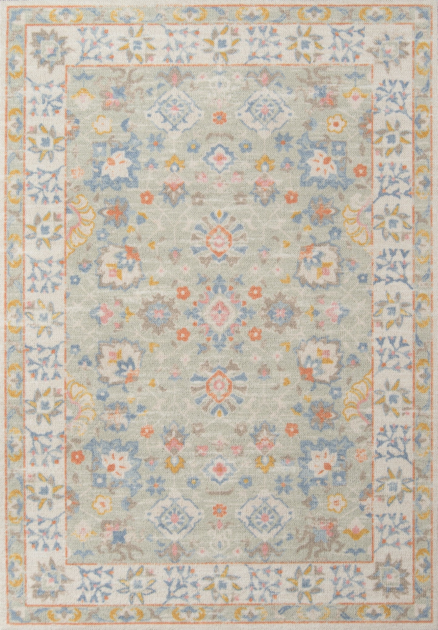 Pastel blue-gray oriental rug with central medallion, soft floral motifs, and pale pink-yellow-blue border.