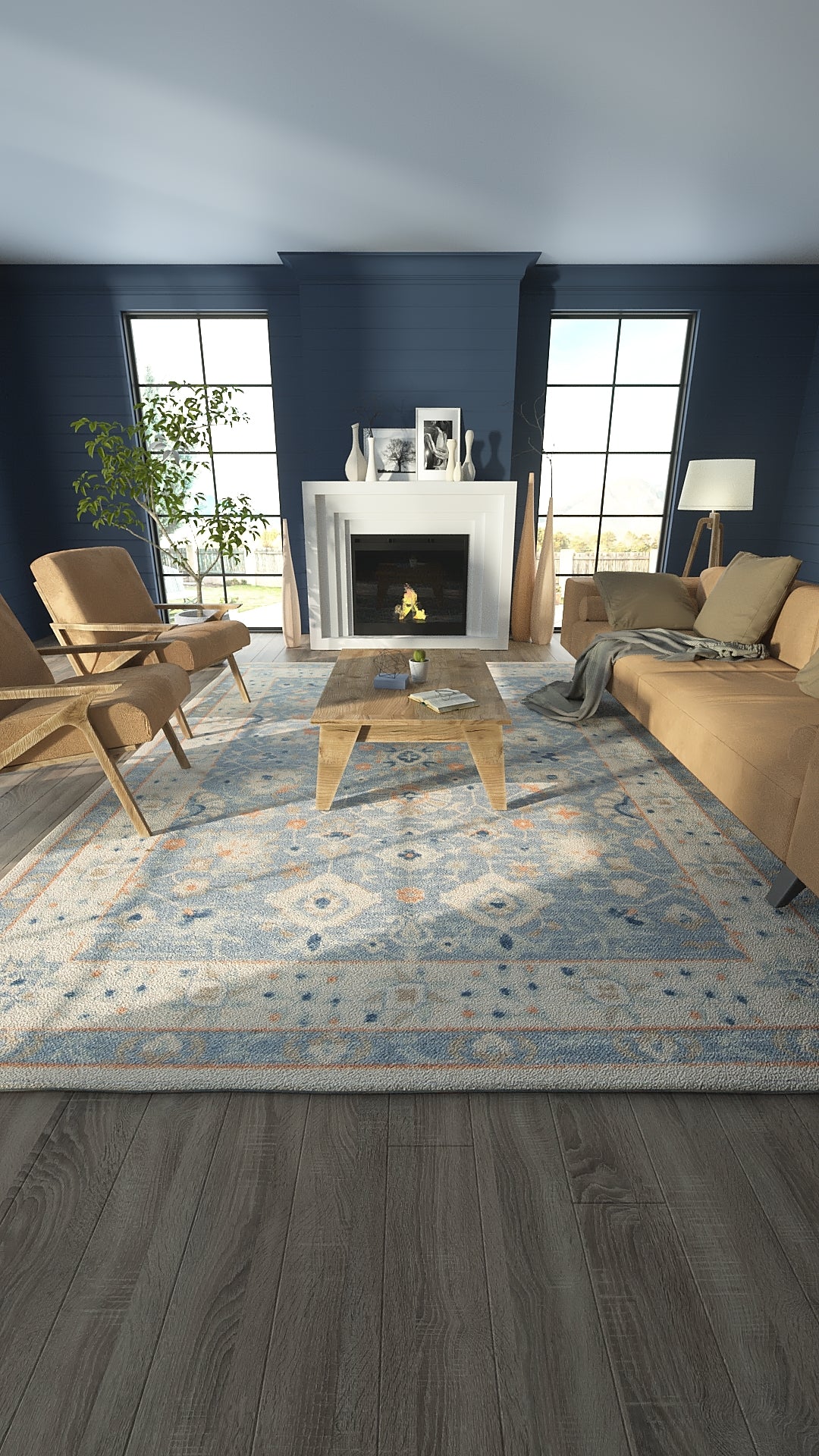 Blue-walled living room with white fireplace, mid-century tan chairs, beige sofa, wooden coffee table, blue patterned rug.