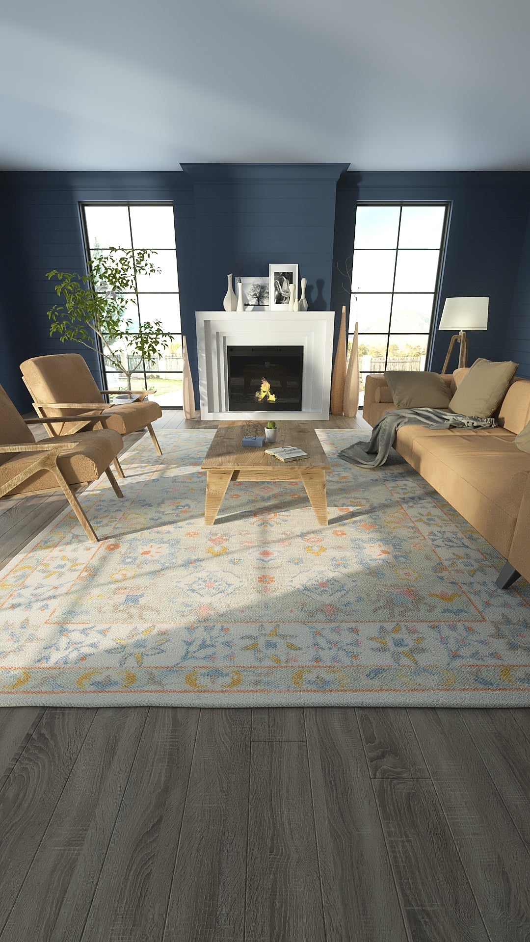 Cozy living room with navy walls, white fireplace, beige sofa and chairs, light wood mid-century coffee table, pastel rug.