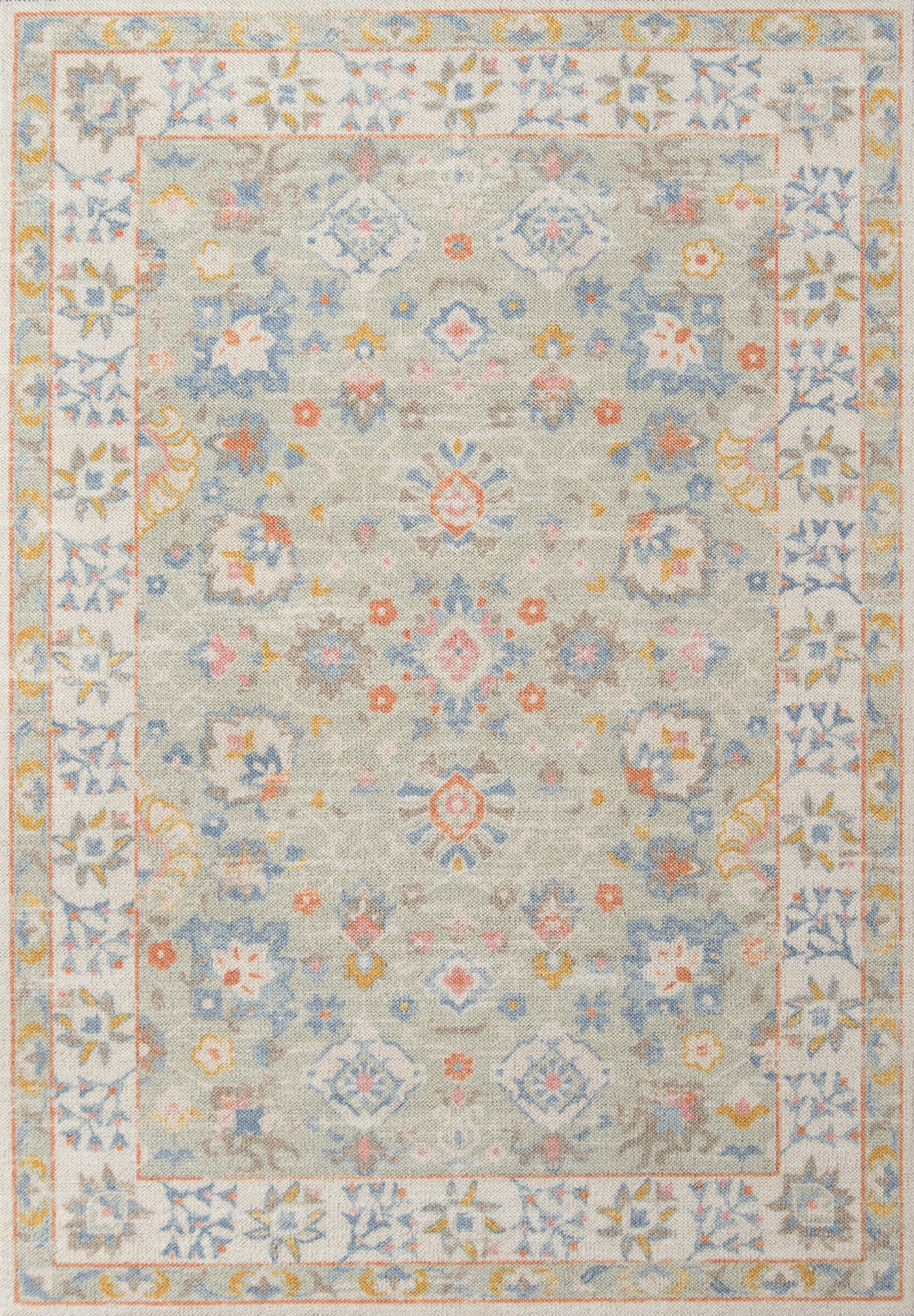 Pastel oriental rectangular area rug with pale blue-gray field, central medallions and floral border in pink, yellow, blue & ivory.