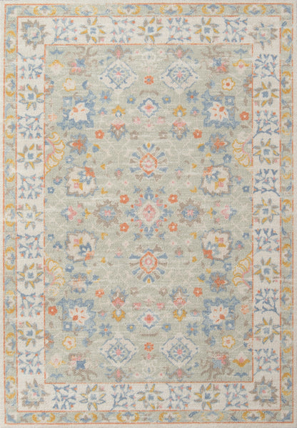 Pastel oriental rectangular area rug with pale blue-gray field, central medallions and floral border in pink, yellow, blue & ivory.