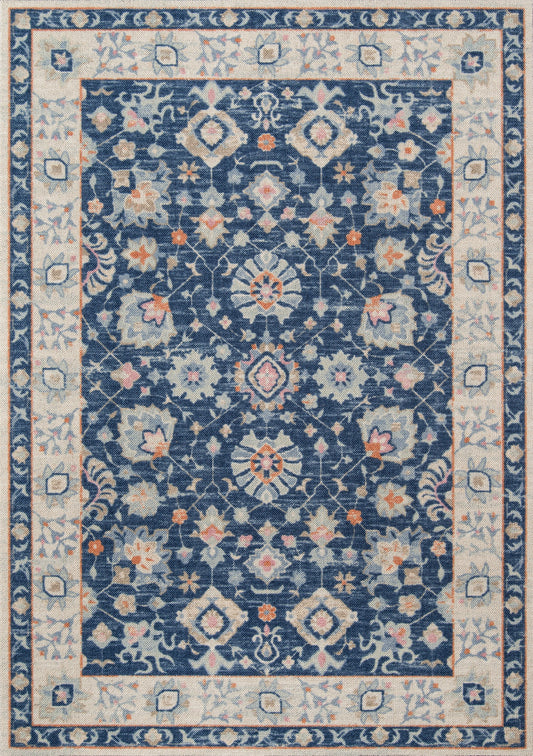 2' x 3' rectangular area rug with navy field, ivory border and peach and light-blue floral motifs; traditional Persian-inspired design.