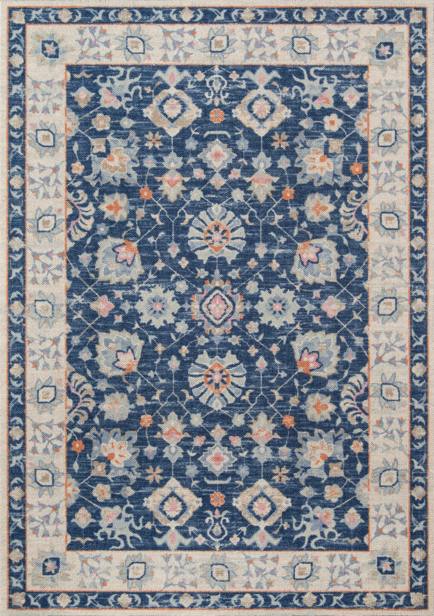 Rectangular navy blue oriental area rug with cream and light-blue border and peach floral medallions.