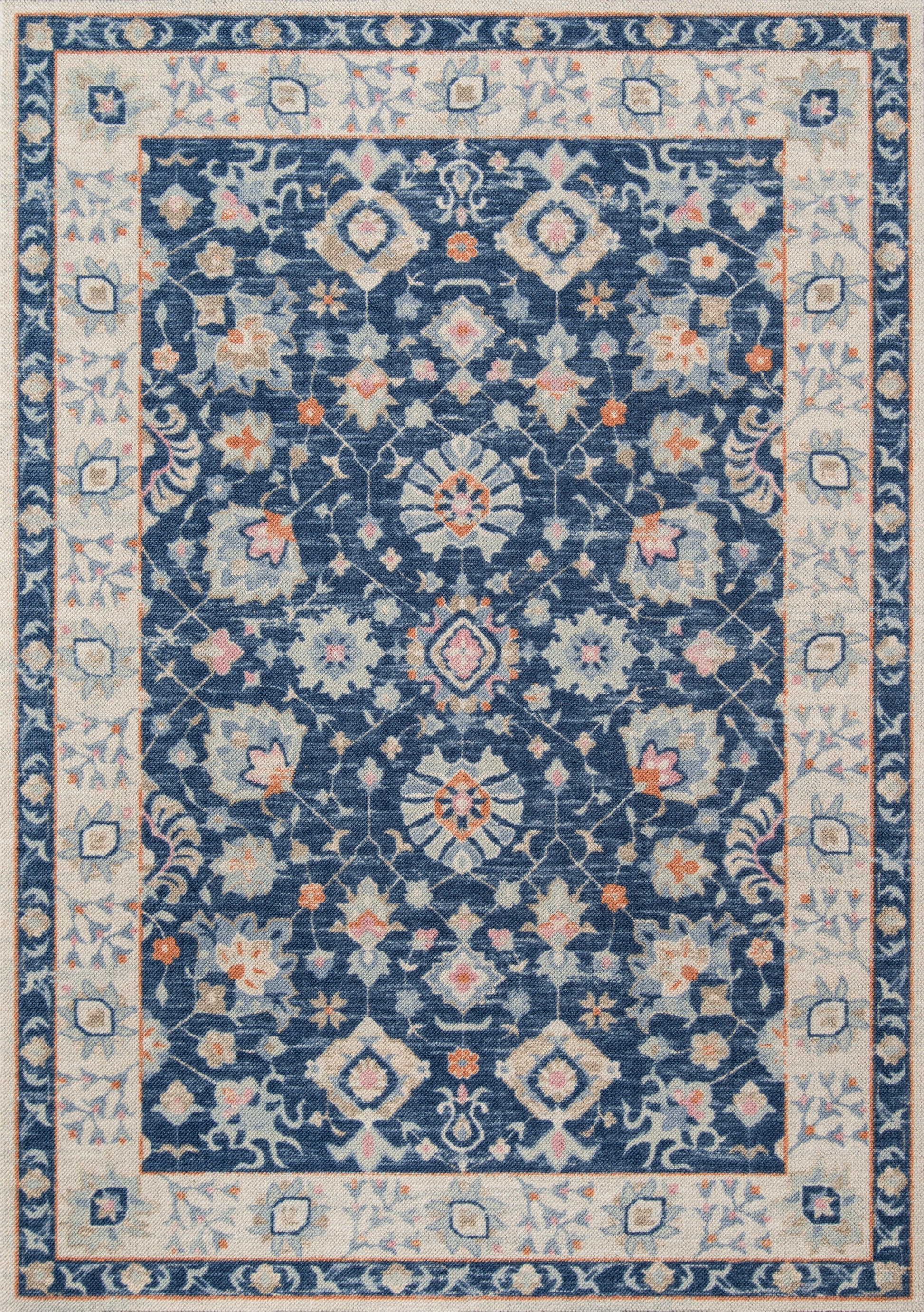 Rectangular navy blue oriental area rug with cream and light-blue border and peach floral medallions.