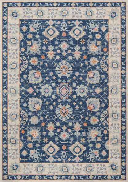 Anatolian-inspired rectangular rug with navy field, ivory border, and peach floral motifs.