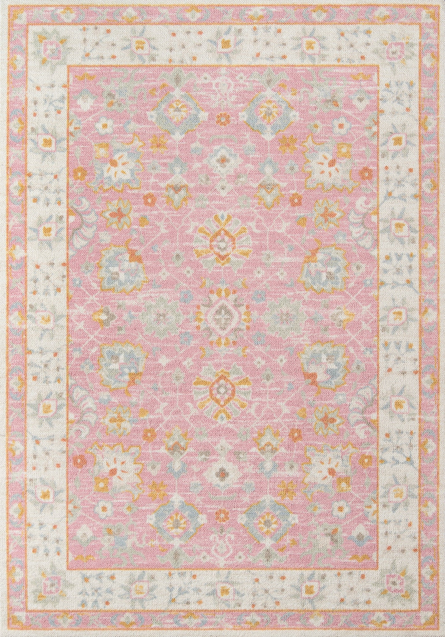 Pink oriental runner with pastel floral medallions, ivory borders and delicate yellow-blue accents.