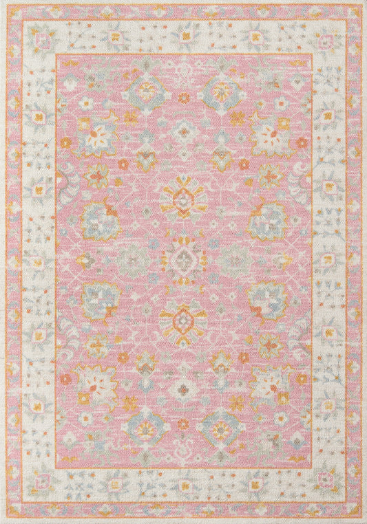 Pastel pink oriental-style rug with ivory borders and pale blue/yellow floral motifs; rectangular area rug.