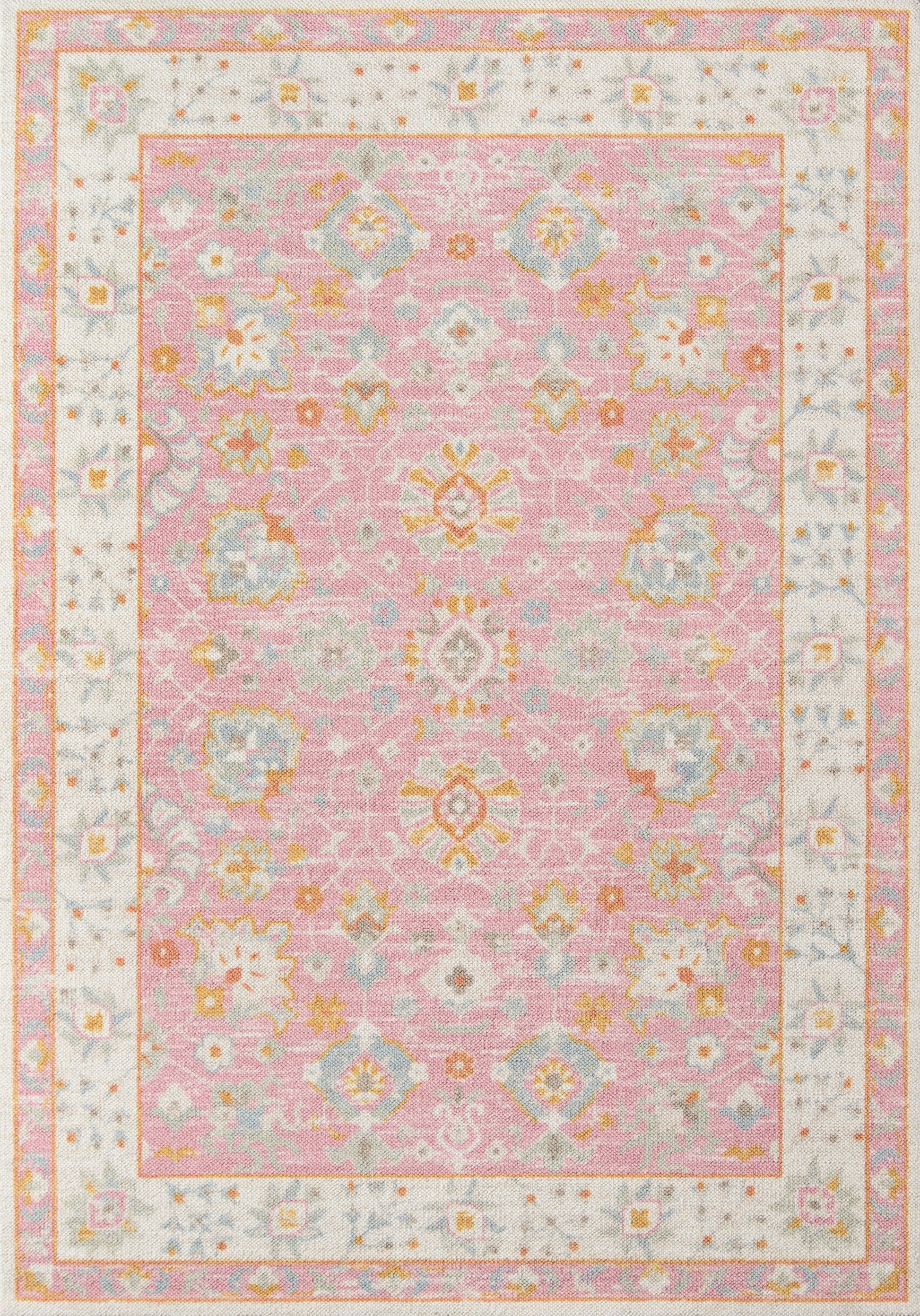 Pink oriental rug with ivory border, pastel blue & gold floral medallions, decorative Persian-style pattern.