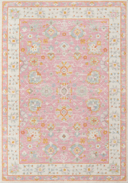 Pink oriental rug with ivory border, pastel blue & gold floral medallions, decorative Persian-style pattern.