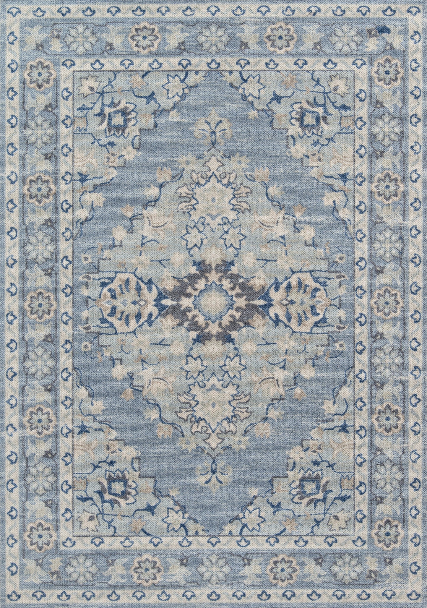 Blue oriental area rug with central medallion and ivory-taupe floral motifs, bordered in lighter blue.