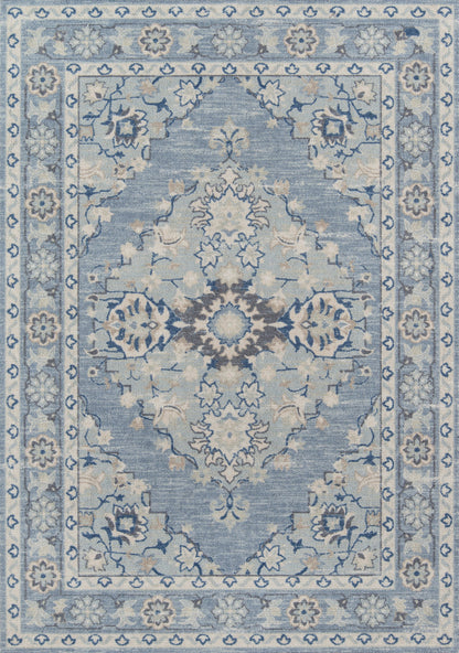Blue oriental area rug with central medallion and ivory-taupe floral motifs, bordered in lighter blue.