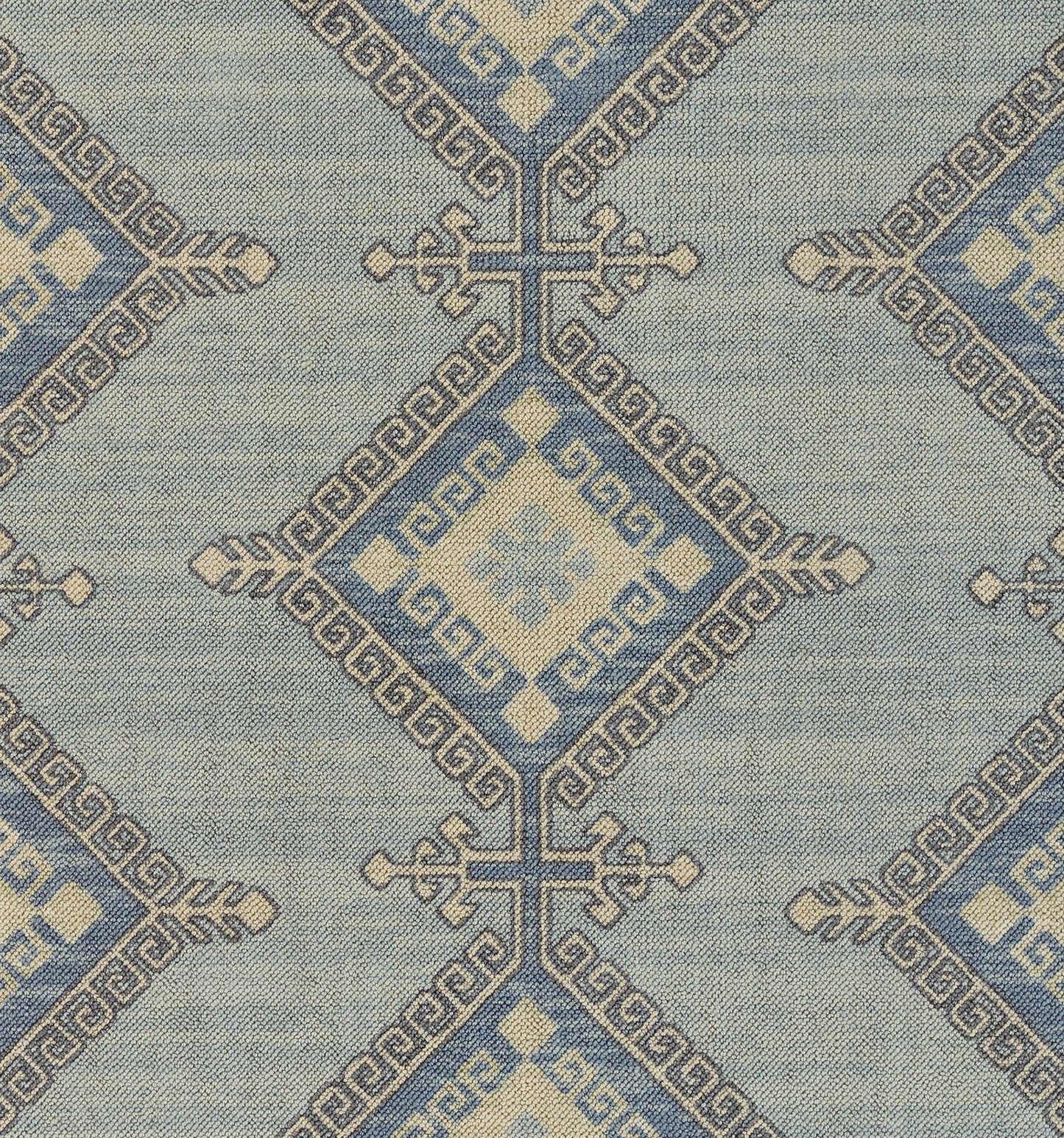 Blue and ivory geometric Anatolian textile with diamond motifs and Greek key borders; woven fabric for rugs or throws.