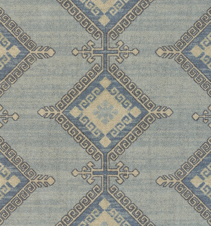 Blue and ivory geometric Anatolian textile with diamond motifs and Greek key borders; woven fabric for rugs or throws.