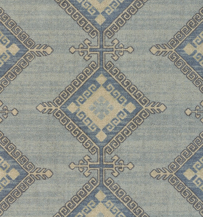 Blue-beige woven textile with diamond motifs and Greek-key borders; decorative rug or throw.