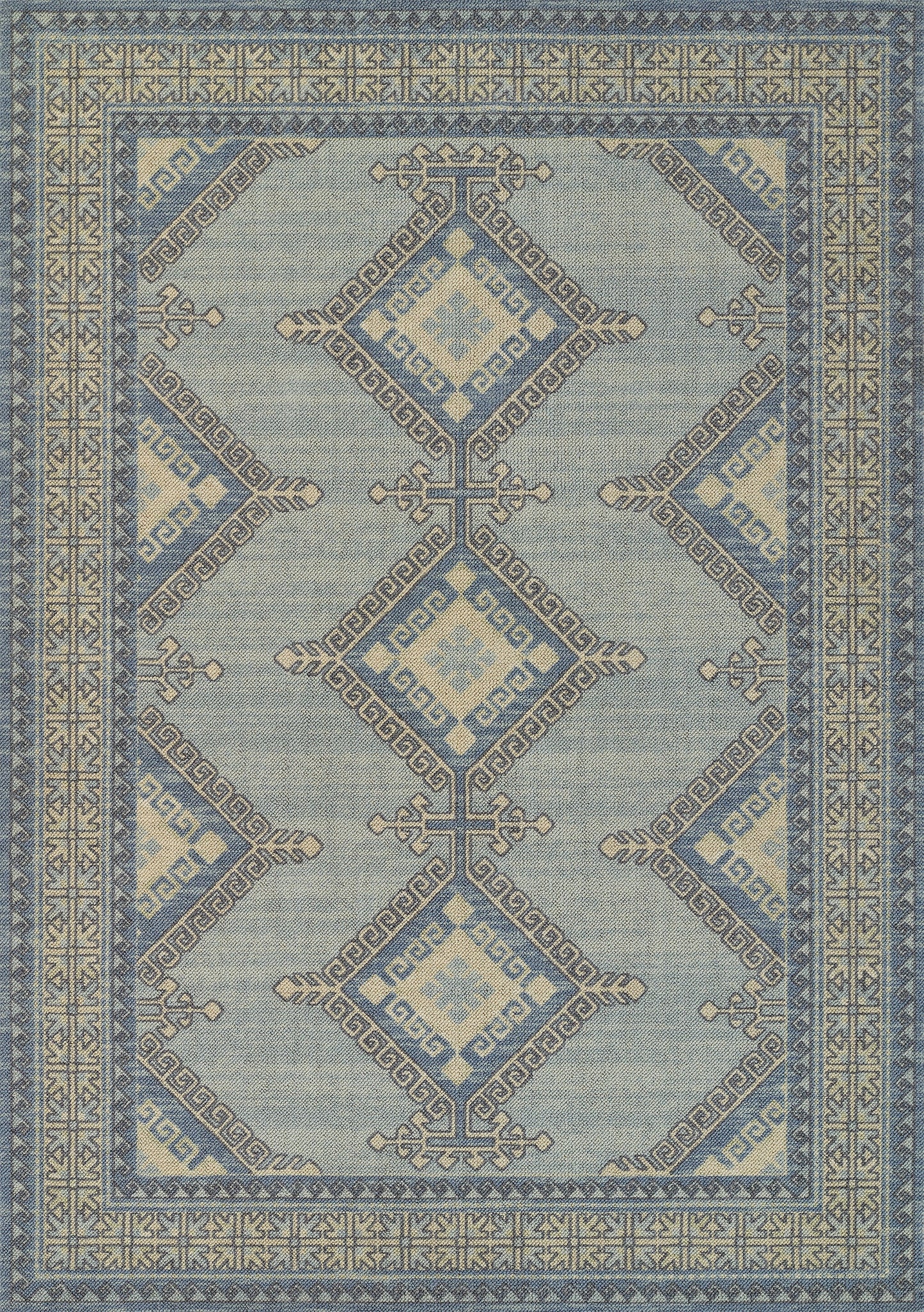 Blue and cream geometric area rug with diamond-shaped medallions and Greek-key border, traditional oriental style.