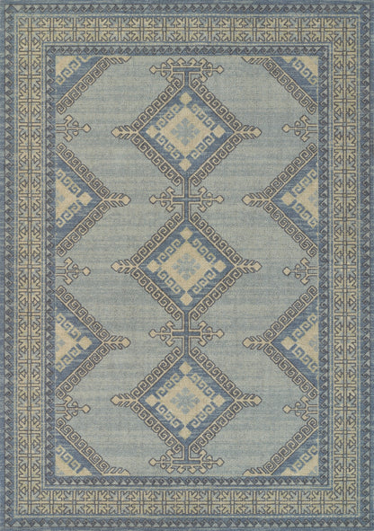Blue and cream geometric area rug with diamond-shaped medallions and Greek-key border, traditional oriental style.