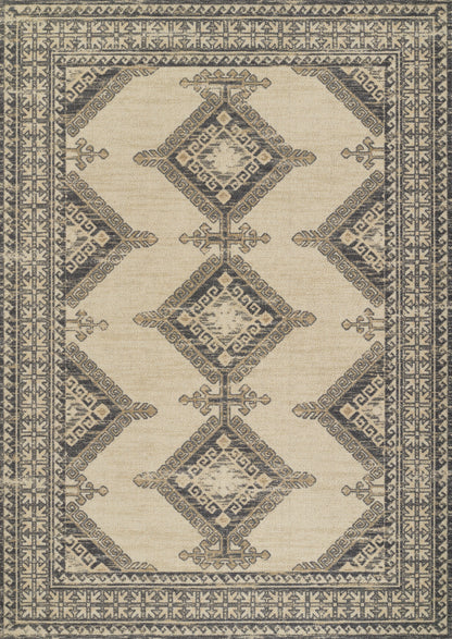 Anatolian-inspired woven rug with cream field, navy diamond medallions, and geometric border.