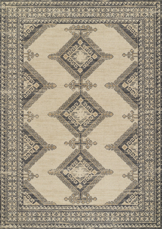 Beige rectangular rug with navy geometric diamond motifs and a decorative border in a traditional woven pattern.