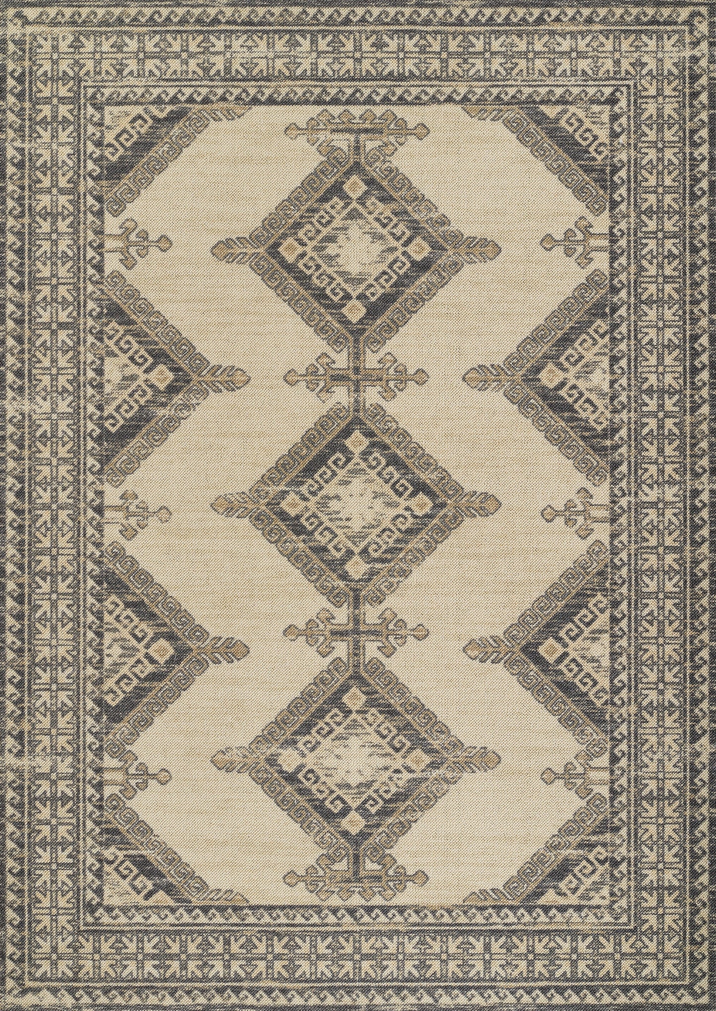 Beige oriental area rug with navy diamond medallions and geometric borders; woven wool-style decorative rug.