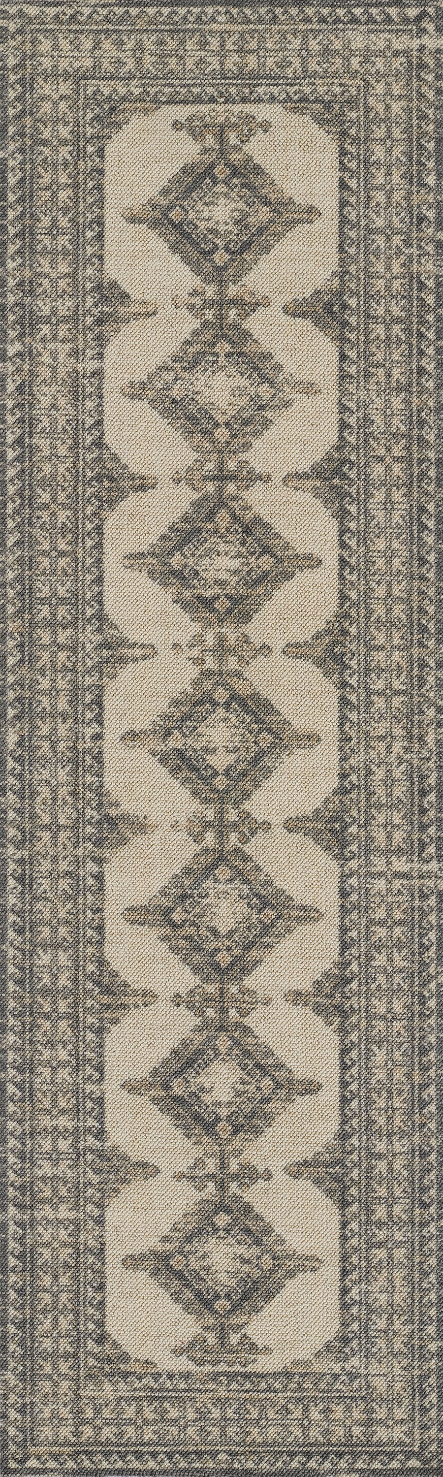 Cream rug with blue-gray diamond medallions in a vertical row, framed by narrow geometric borders.