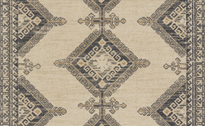 Beige woven rug with navy geometric diamonds and Greek key border pattern, traditional oriental style.
