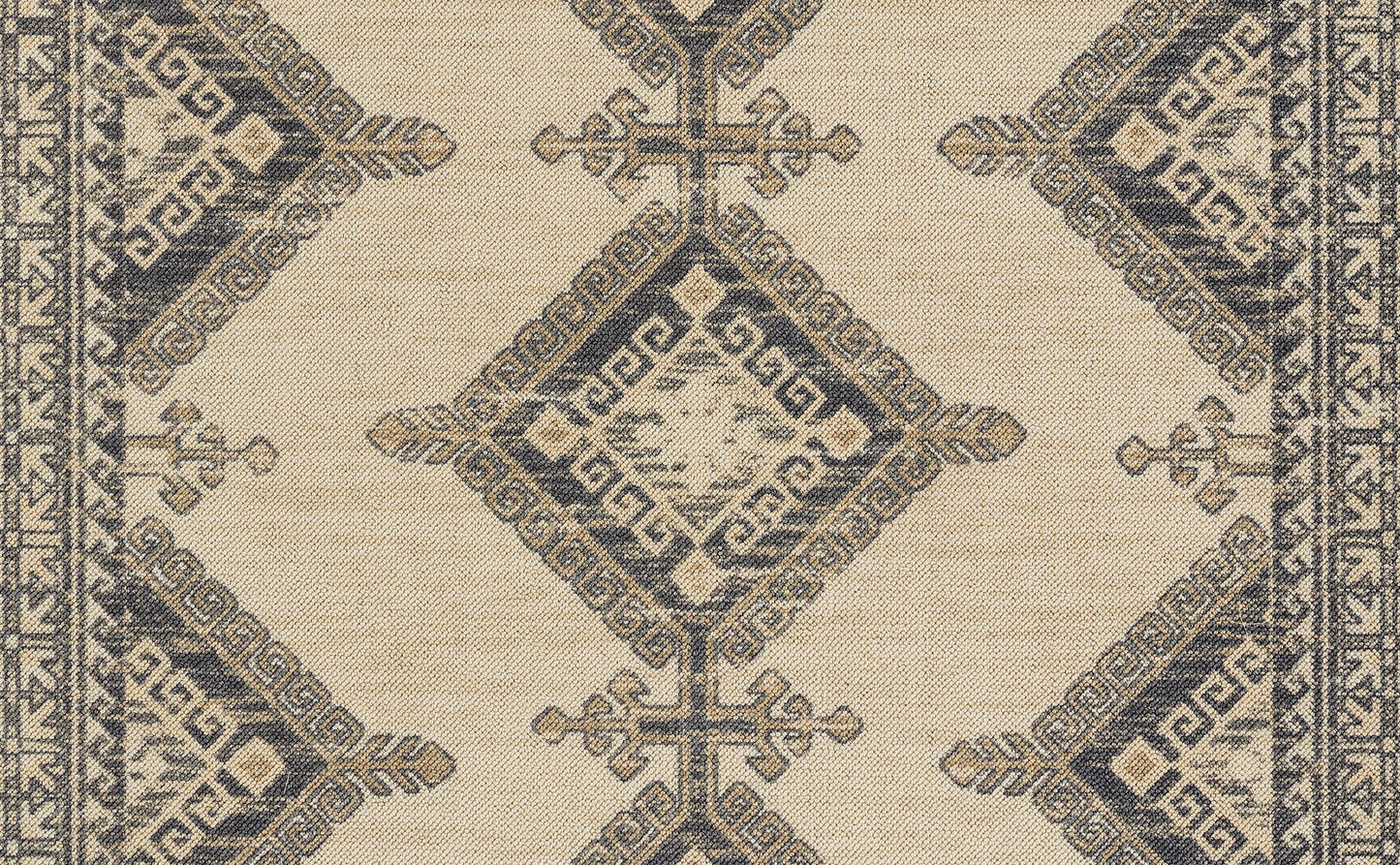 Beige kilim-style rug with navy geometric diamond motifs; flat-weave, rectangular area rug for living room, 7' x 9'.