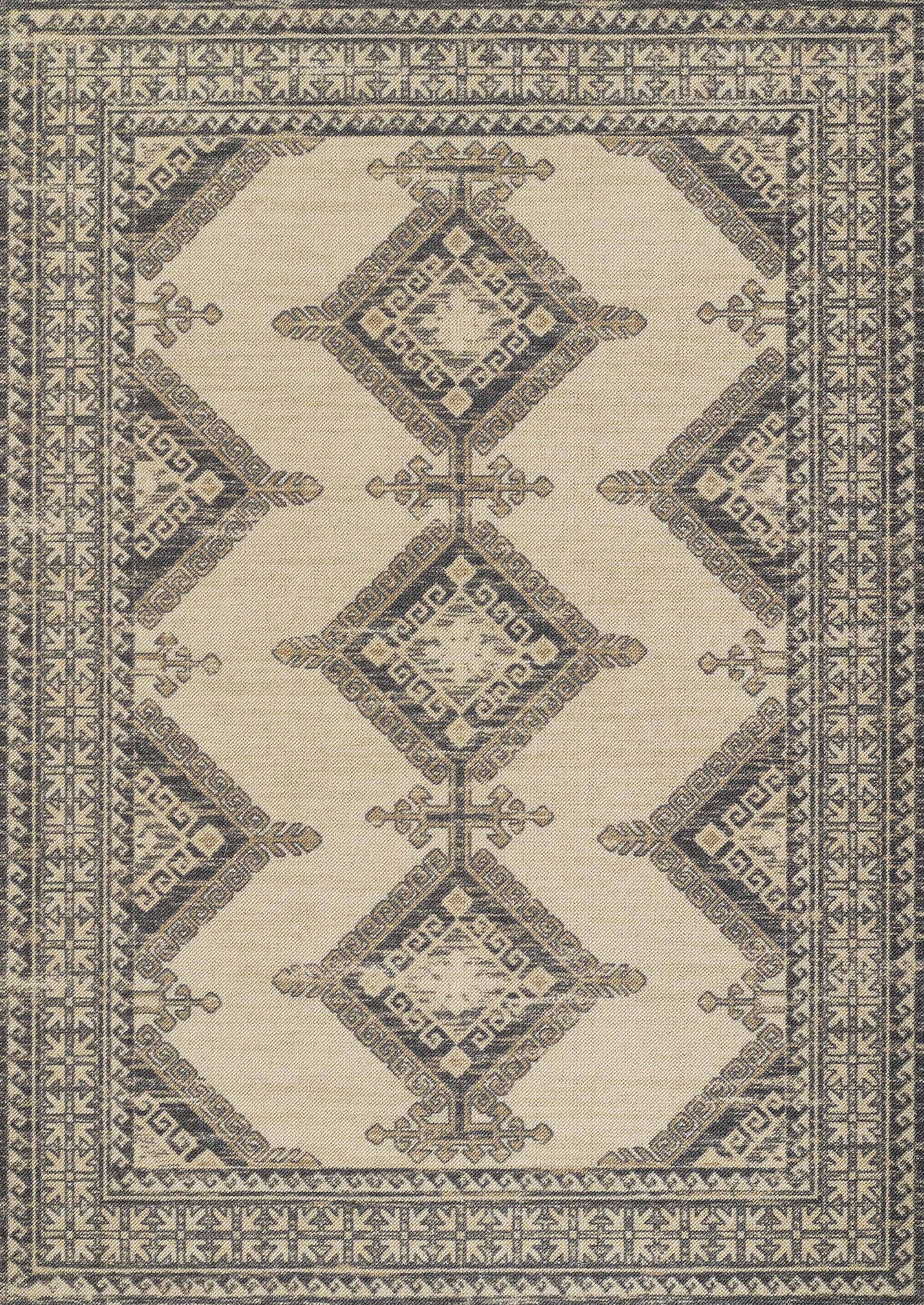 Beige kilim-style area rug with navy diamond medallions and Greek-key border; geometric, traditional decor.