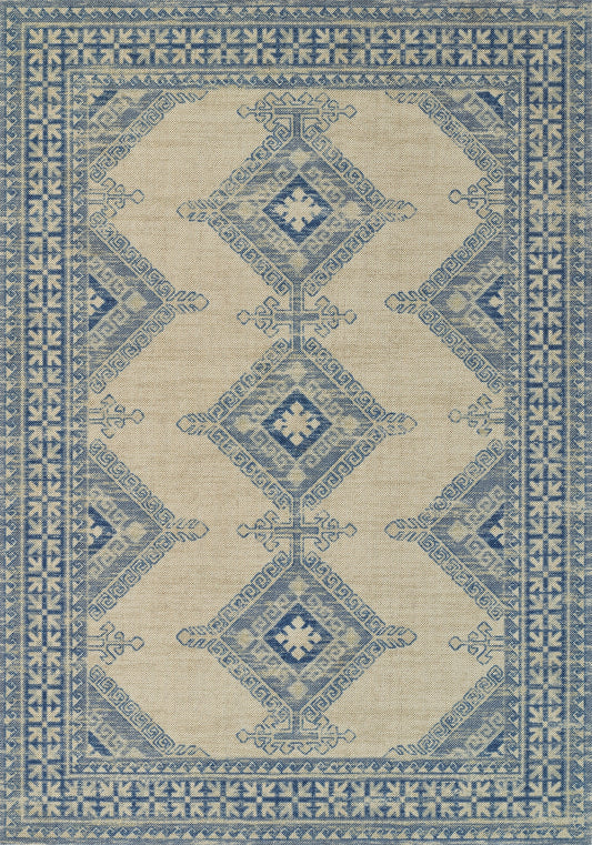Woven beige runner rug with blue diamond medallions and a geometric border in a vintage distressed style.