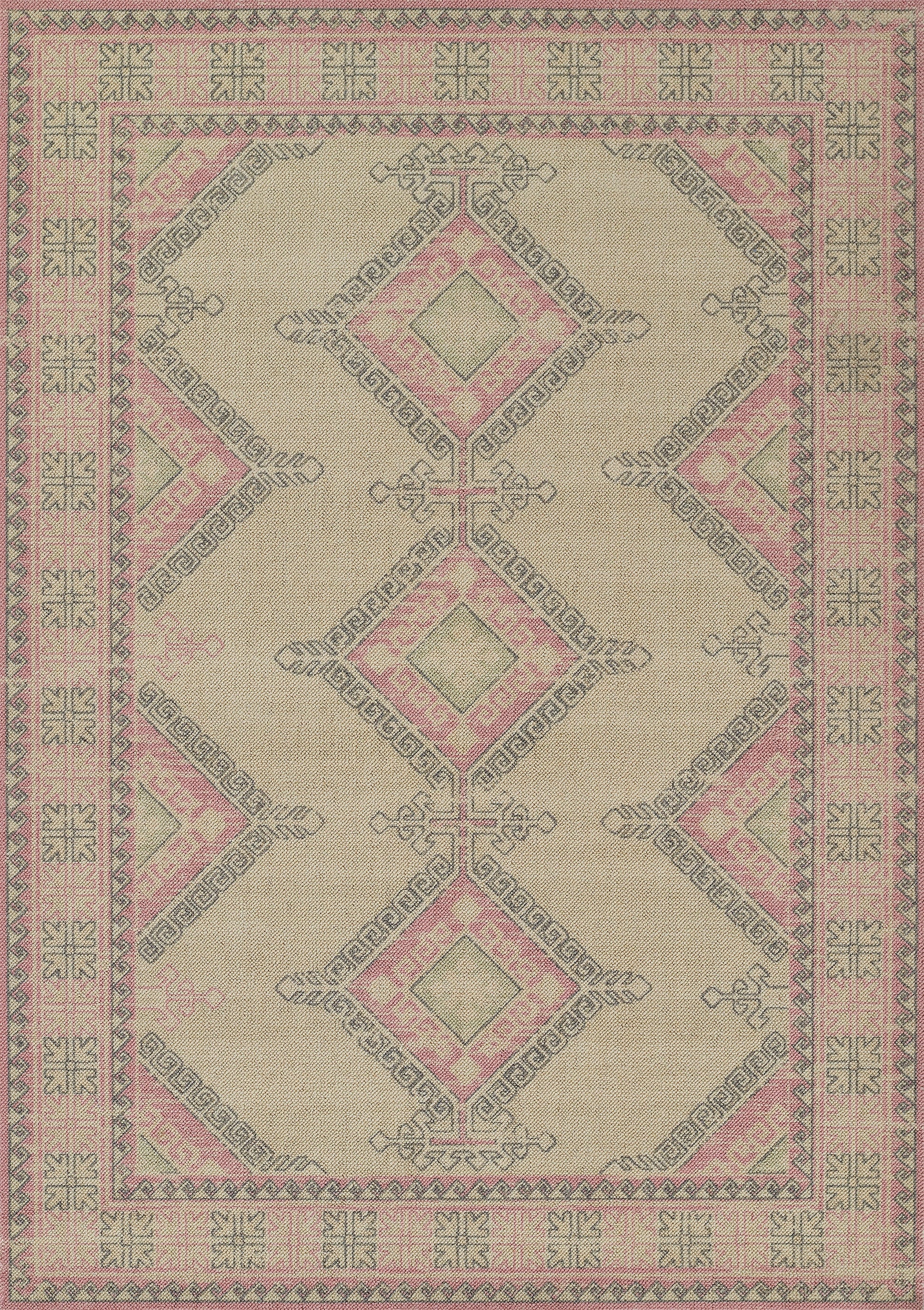Rectangular woven rug featuring pink diamond medallions, gray outlines and a patterned pink border; oriental/kilim style.