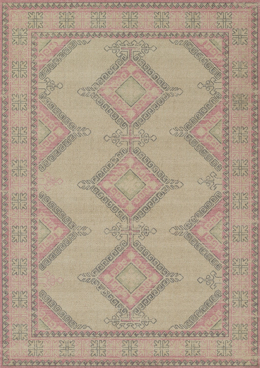 Pink and beige Anatolian-style area rug with diamond medallions and ornate border.