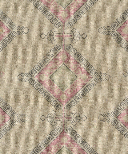 Beige woven rug with pink diamond motifs and gray outlines in an Ankara-style geometric pattern.