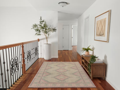 Bright hallway with hardwood floors, ornate railing, tall plant in a ribbed white planter, geometric rug, and console.