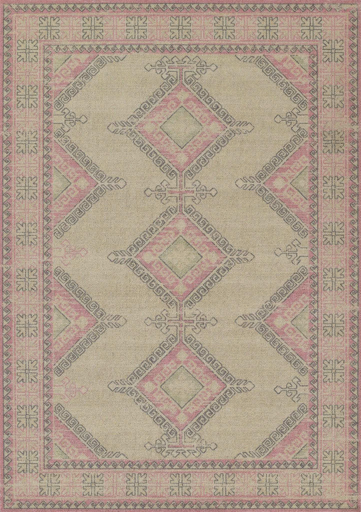 Kilim-inspired pink and beige geometric rug with diamond motifs and decorative border.