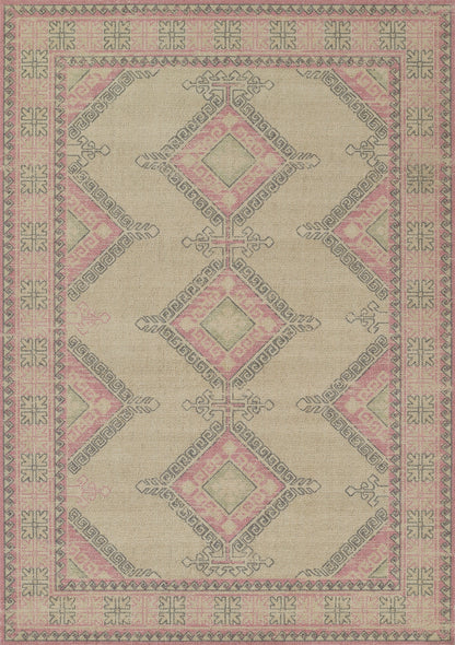Kilim-inspired pink and beige geometric rug with diamond motifs and decorative border.