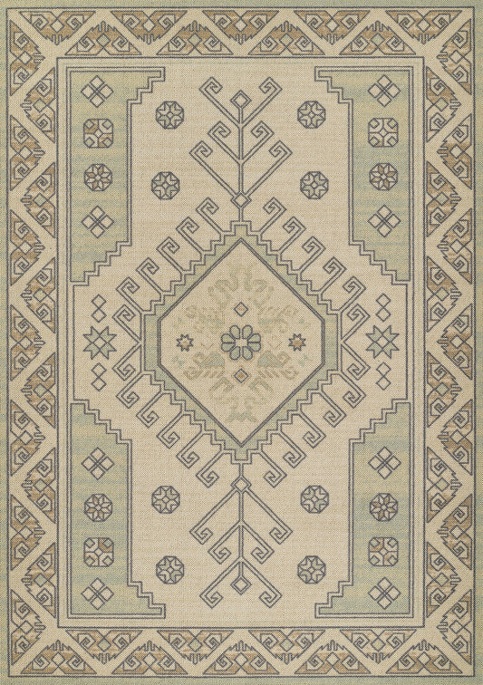 Anatolian runner rug with pale green border and central diamond medallion, beige and blue geometric motifs on a light background